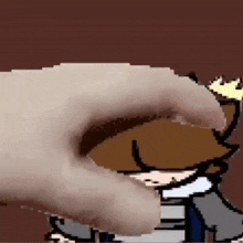 a pixel art of a person being touched by a hand .