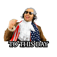 a sticker of a man with an american flag and the words to this day on the bottom