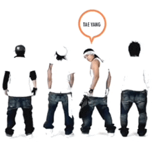 a group of young men are standing in a line with a speech bubble that says tae yang