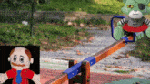 a stuffed animal with a shirt that says ' slip not ' on it sits on a seesaw