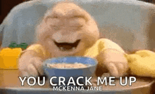a baby is sitting in a high chair with a bowl of cereal .