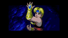 a pixel art of a boy wearing a blue headband