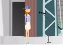 a girl in a blue hat is standing next to a microphone