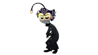 a cartoon character with a long tail and a mask on his face is standing in front of a white background .