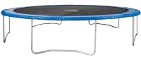 a trampoline with a blue cover that says pure fun on it