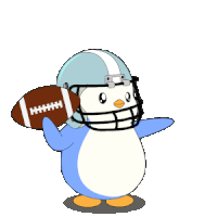 a cartoon penguin is holding a football that says hhh