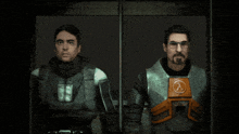 two men are standing next to each other and one has a half life emblem on his chest