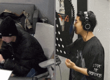 a man wearing headphones has a shirt that says love me harder