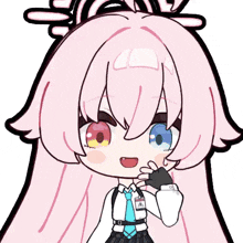 a cartoon drawing of a girl with long pink hair and blue eyes .