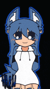 a drawing of a girl with blue hair wearing a white dress