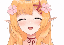 a girl with blonde hair and pink flowers in her hair is smiling