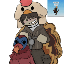 a drawing of a man wearing a chicken hat and holding a turkey says fly turkey