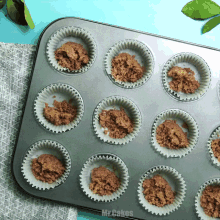a muffin tin filled with cupcakes with the words mr.cakes written on the bottom