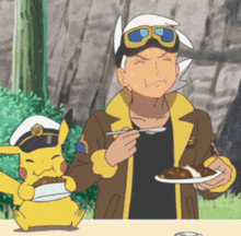 a man and a pikachu are sitting at a table eating
