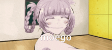 a girl with purple hair is smiling and the word moego is on the bottom