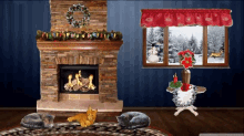 two cats sit in front of a fireplace with christmas decorations