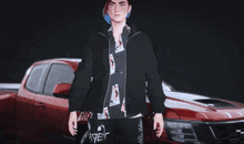 a man in a black jacket stands in front of a red truck that says aster