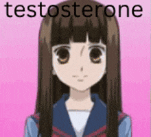 a girl with long hair is standing in front of a pink background with the word testosterone on it