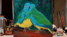 a painting of two birds with the words made in animotica on the bottom