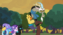 a group of ponies are standing next to a cartoon character named discord