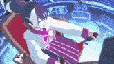 a video game screen shows a woman sitting in a chair holding a microphone and pointing