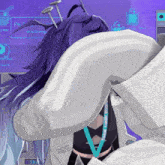 a purple haired anime character with a lanyard that says bbc on it