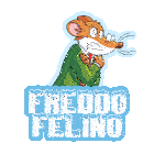 a cartoon mouse in a green suit and tie with the words freddo felino below it