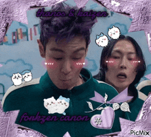 a man with purple hair is standing next to a woman with white cats on their cheeks .