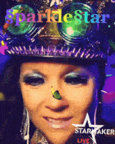 a woman with a butterfly on her nose and the words star maker live