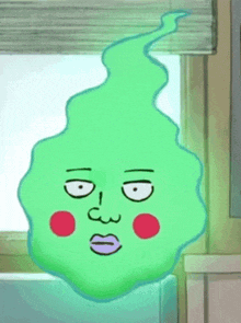 a cartoon drawing of a green monster with a face on it