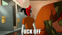 a cartoon harley quinn says fuck off while talking on a pay phone