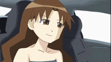 a cartoon girl with brown hair is sitting in a car seat