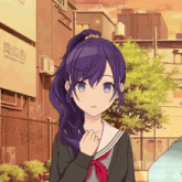 a girl with purple hair stands in front of a building with chinese writing