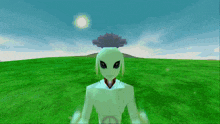 a video game character with a tree on his head is standing in a field