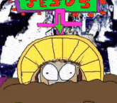 a cartoon character with a yellow hat and a sign that says jesus