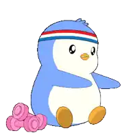 a blue and white penguin with a red white and blue headband sits next to pink roller skates