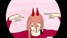 a cartoon of a girl with red horns pointing at herself