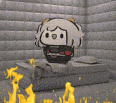 a cartoon character is standing on a bed in a room with fire coming out of the walls .