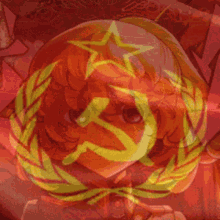 a red background with a hammer and sickle symbol