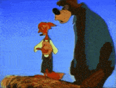 two cartoon characters standing next to each other with one wearing a hat