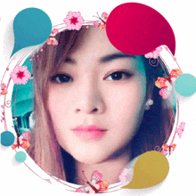 a woman 's face is surrounded by bubbles and flowers