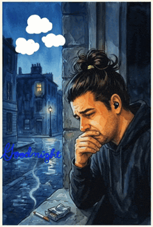 a drawing of a man smoking a cigarette with the words goodnight on the bottom right