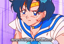 a girl in a sailor suit says " never i 'll never be beaten "
