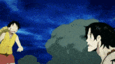 a cartoon of luffy and ace standing next to each other with smoke coming out of their mouths