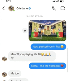 a phone screen shows a conversation with cristiano