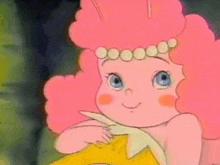 a cartoon girl with pink hair and blue eyes is smiling