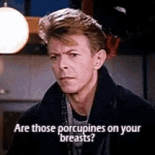 a man in a black jacket is talking about porcupines on his breasts .