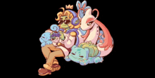 a cartoon of a man surrounded by pokemon including a dragon