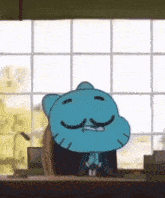 gumball from the amazing world of gumball sits at a desk in front of a window