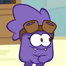 a cartoon character with a purple hair and goggles on his head